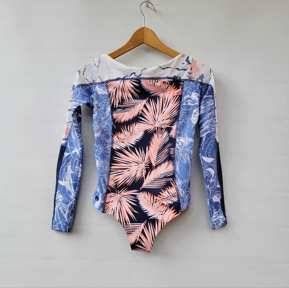 Maaji Long Sleeve One-Piece Swimsuit in Navy, Coral & Light Blue